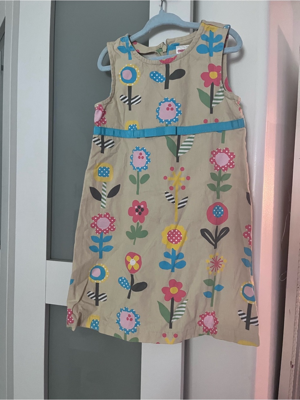 100% Cotton Gymboree Beige Floral Sundress with Blue Ribbon Zippered Back